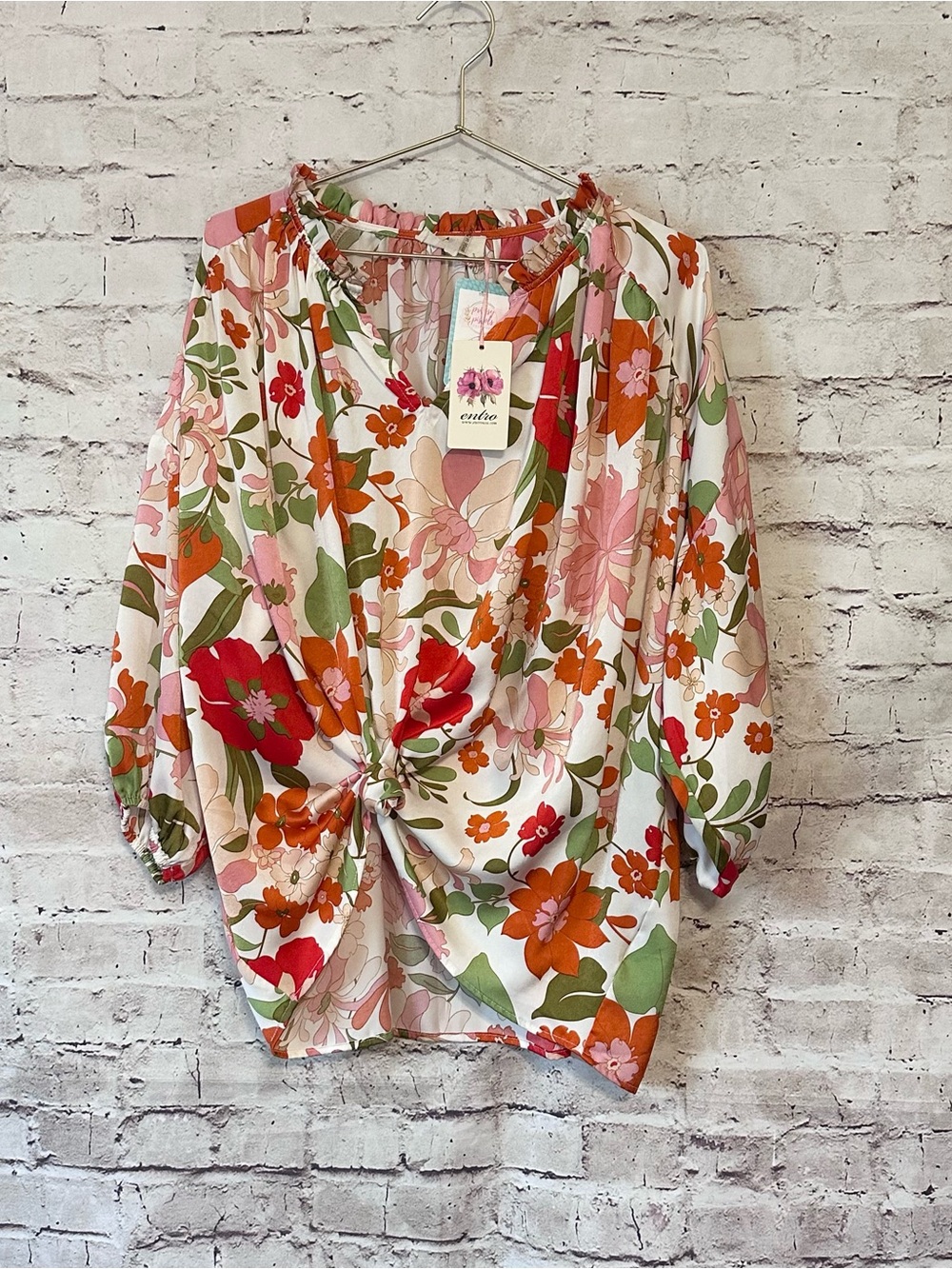Entro Floral Twist-Front Blouse - Pink, Orange & Green NWT